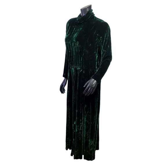 Vintage 80s Carroll Reed M/L Emerald‎ Green Crushed Velvet Mockneck L/S Dress - Picture 6 of 12